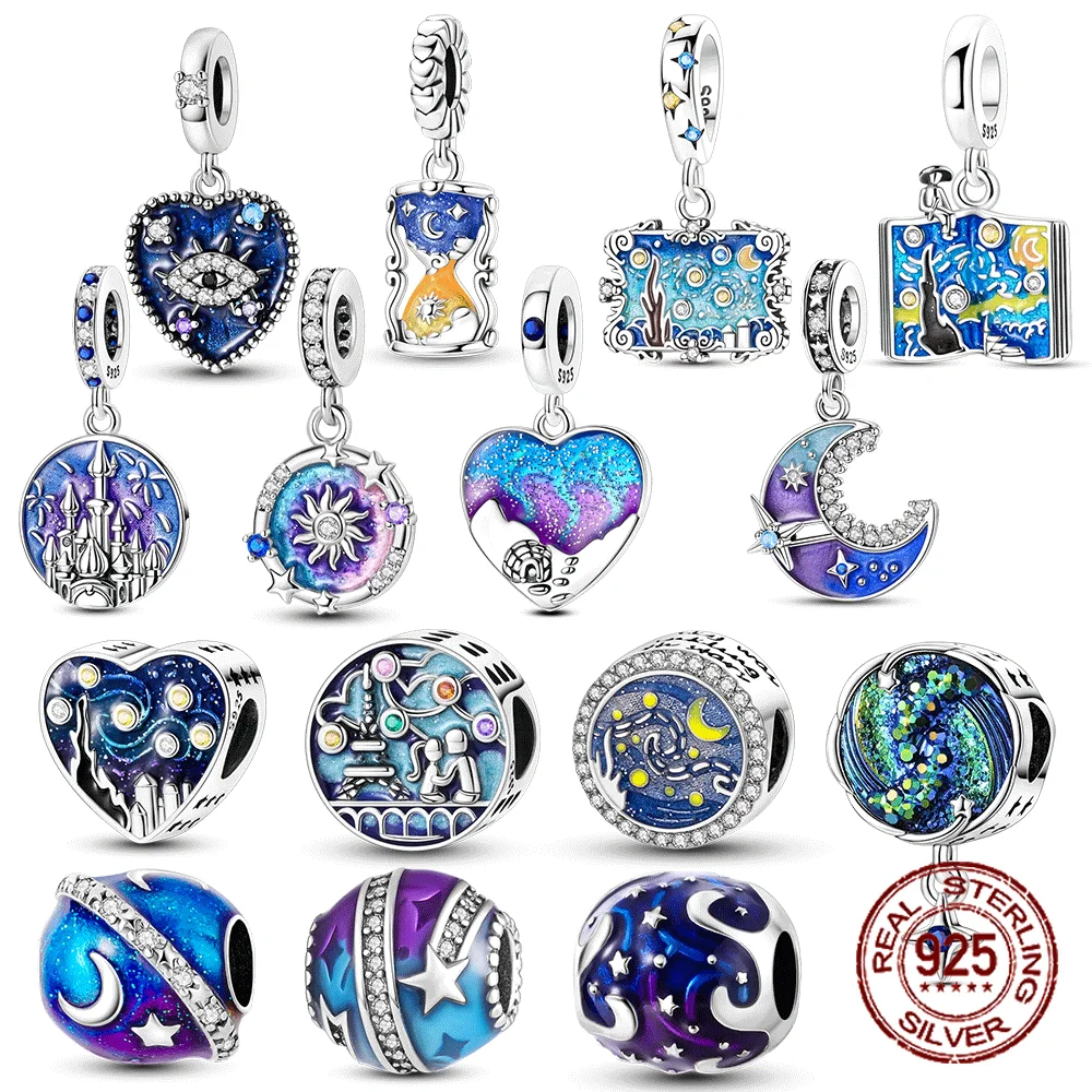 

Подвески-шармы из стерлингового серебра 925 пробы «Ночной небесный мир» с фианитами, синими звездами и луной, подходят для оригинальных браслетов, для самостоятельного изготовления украшений, подарок