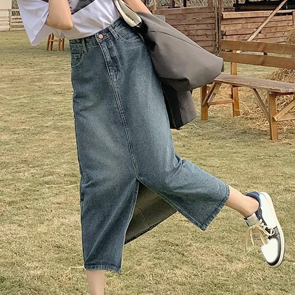 

Long Denim-Skirt Vintage Women Solid High Waist A-LINE Slim Korean Style Jean Slit Midi Skirt Summer Fashion Girl