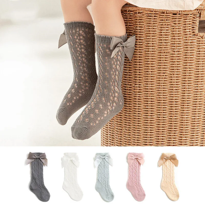 Kids Knee High Mesh Socks Spring Summer Baby Girls Bow Tube Sock Soft Cotton Breathable Children Hollow Out Socken For 0-6 Years