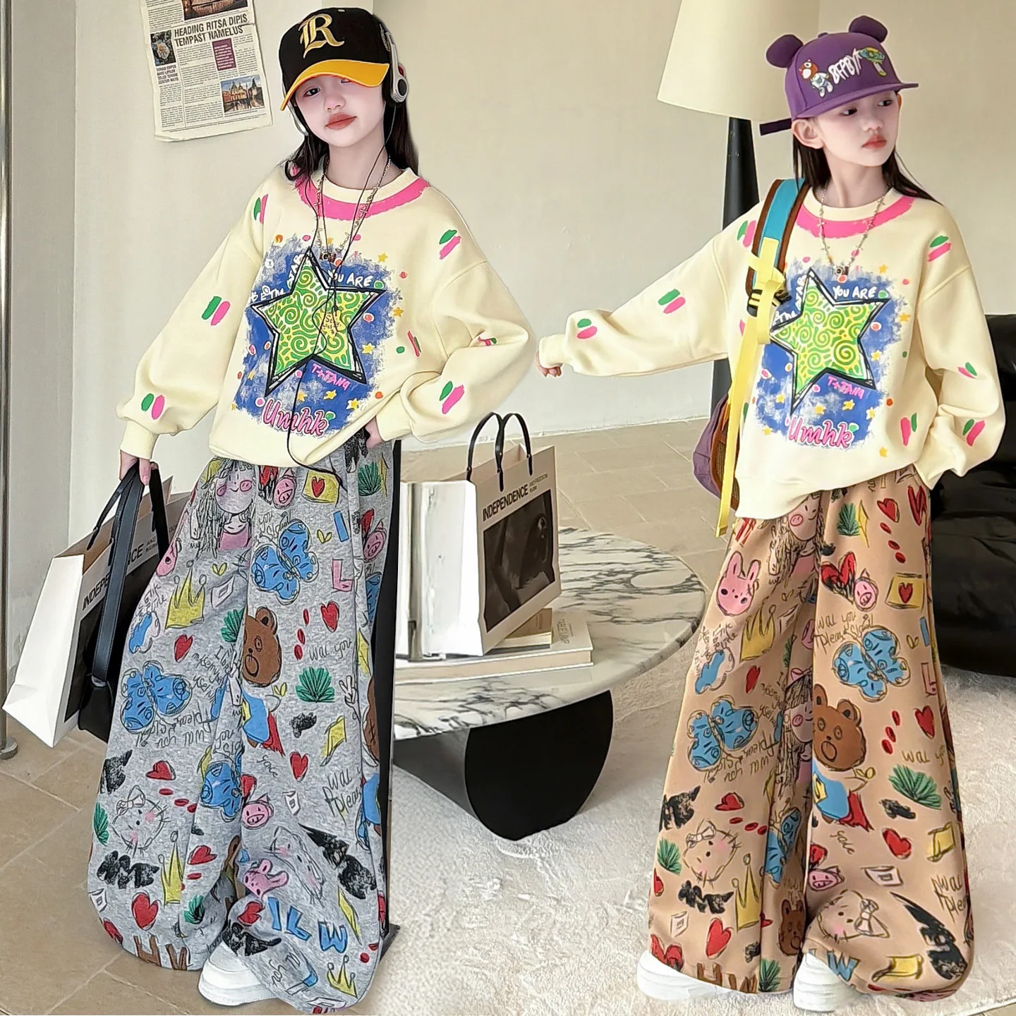 Spring Cartoon Graffiti Wide-Leg Pants for Teen Girls Casual Sweatshirt Junior Kid Leisure Outfits Street Dance Hip-Hop Jazz
