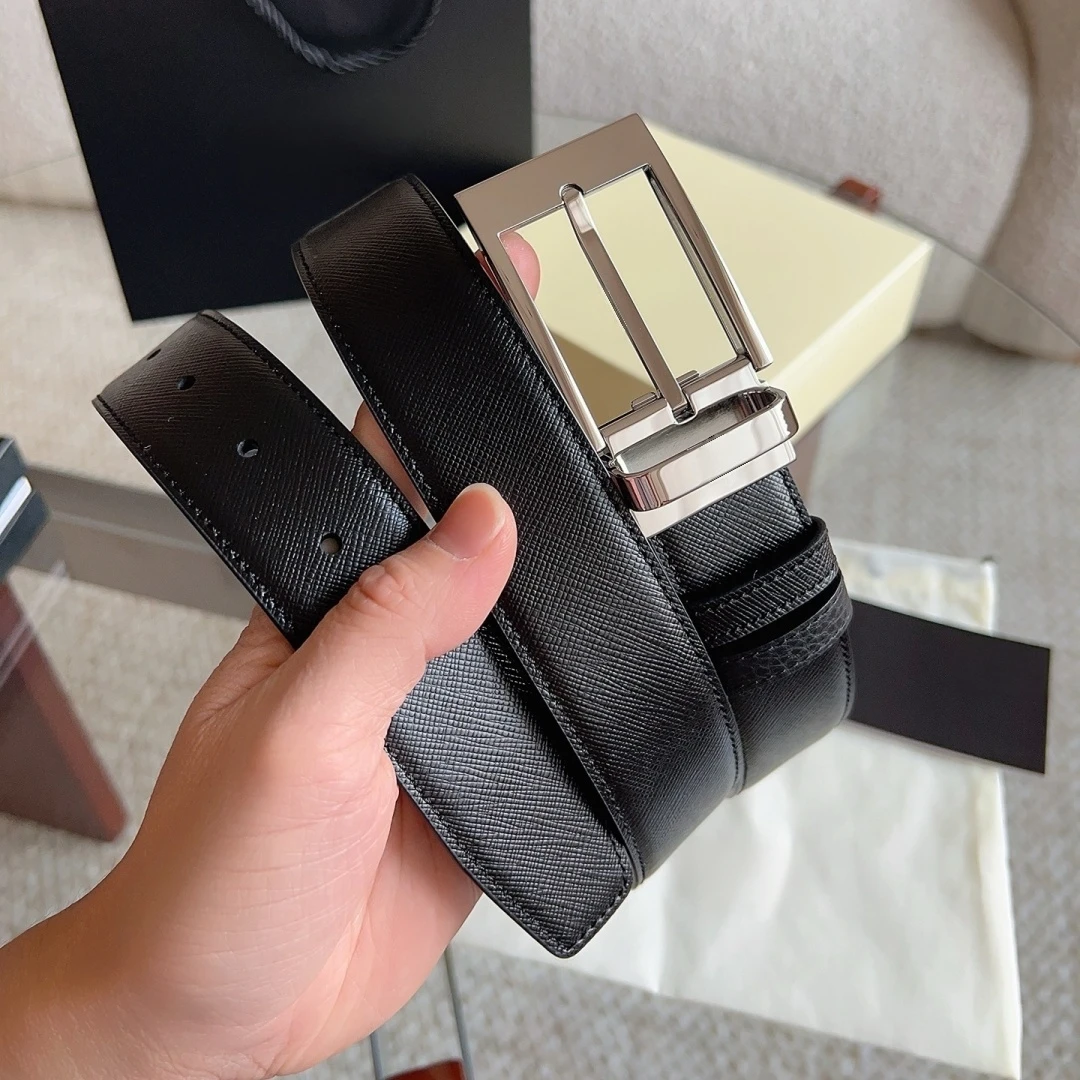 Business Formal Casual Waist Strap Luxury Men's Genuine Leather Belt Reversible Rotatable Square Pin Buckle Pebble Cross Grain