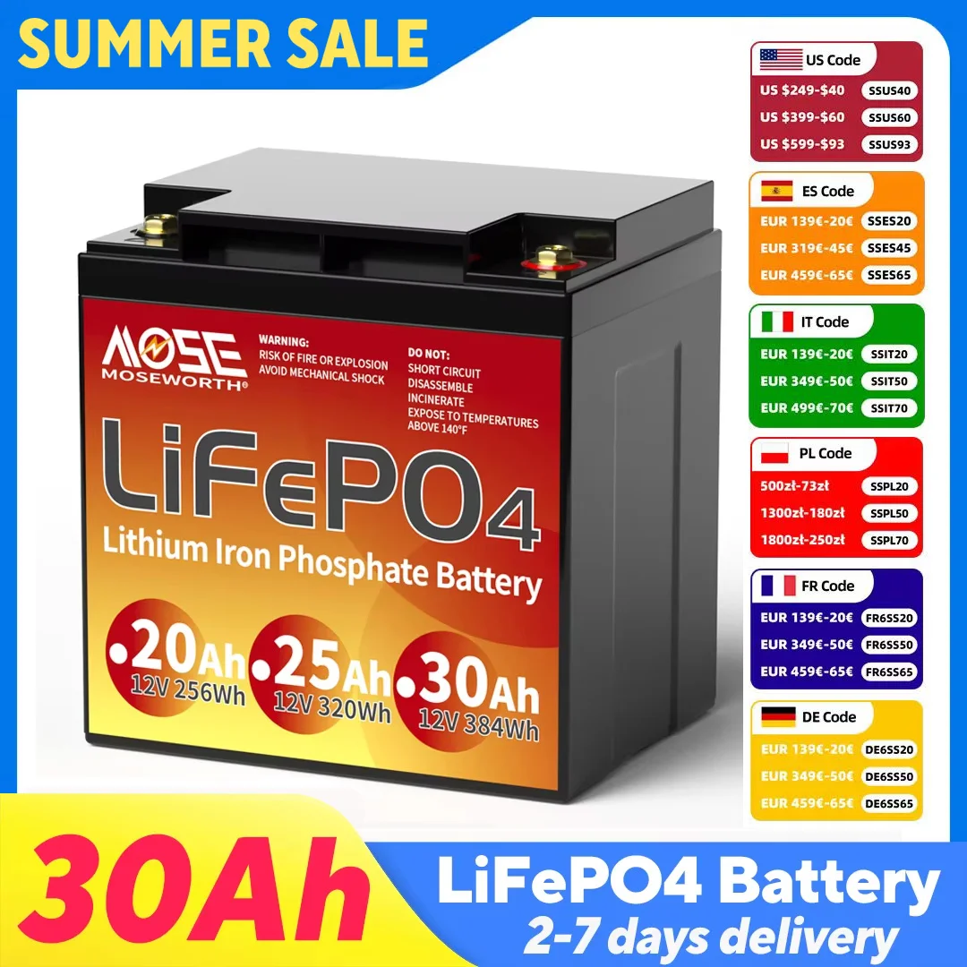 MOSEWORTH 12V 30Ah LiFePO4 Battery with BMS Deep Cycle Lithium Iron Phosphate Rechargeable Batteries for Kids Cars Light camping