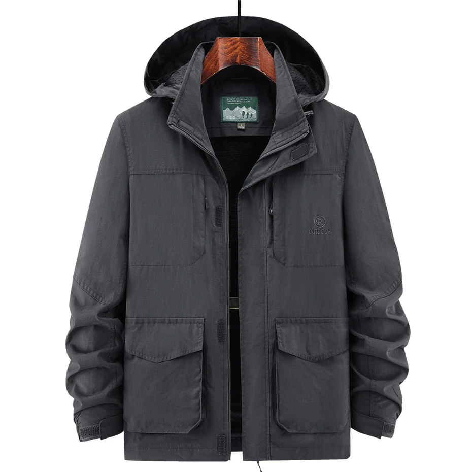 Multi-pocket Cargo Jacket Men Windbreaker Hiking Camp Jacket Coat Male Fashion Casual Hooded Coat Big Size 5XL Outdoor Outwear - Image 3