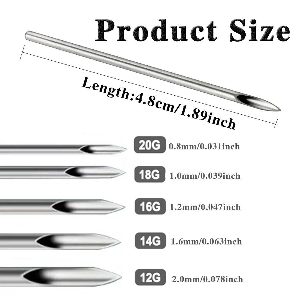 Body Piercing Needle 12G 14G 16G 18G 20G Mixed Sizes Disposable Stainless Steel Puncture Needles for Ear Nose Body Jewelry Tools