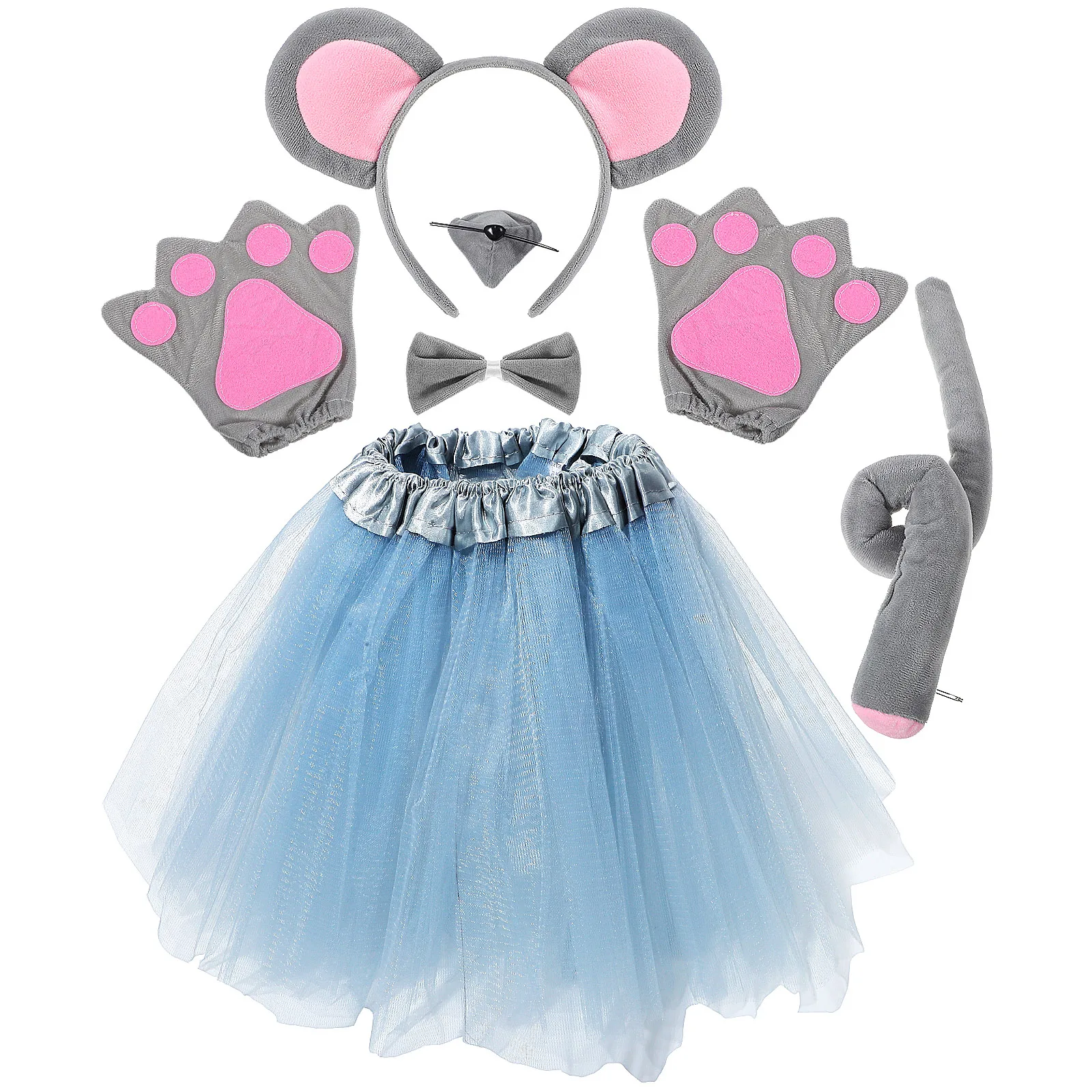 

7 piece Mouse Costume Set Ears Headb Nose Bowtie Tail Gloves Gray Skirt Halloween Party Birthday Cosplay Supplies Soft Cloth