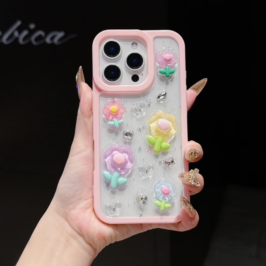

Luxury fashion 3D Stereoscopic flowers Crystal Diamond Phone Case for iPhone 16 15 14 13 12 Pro MAX Shockproof Back Funda﻿﻿﻿﻿