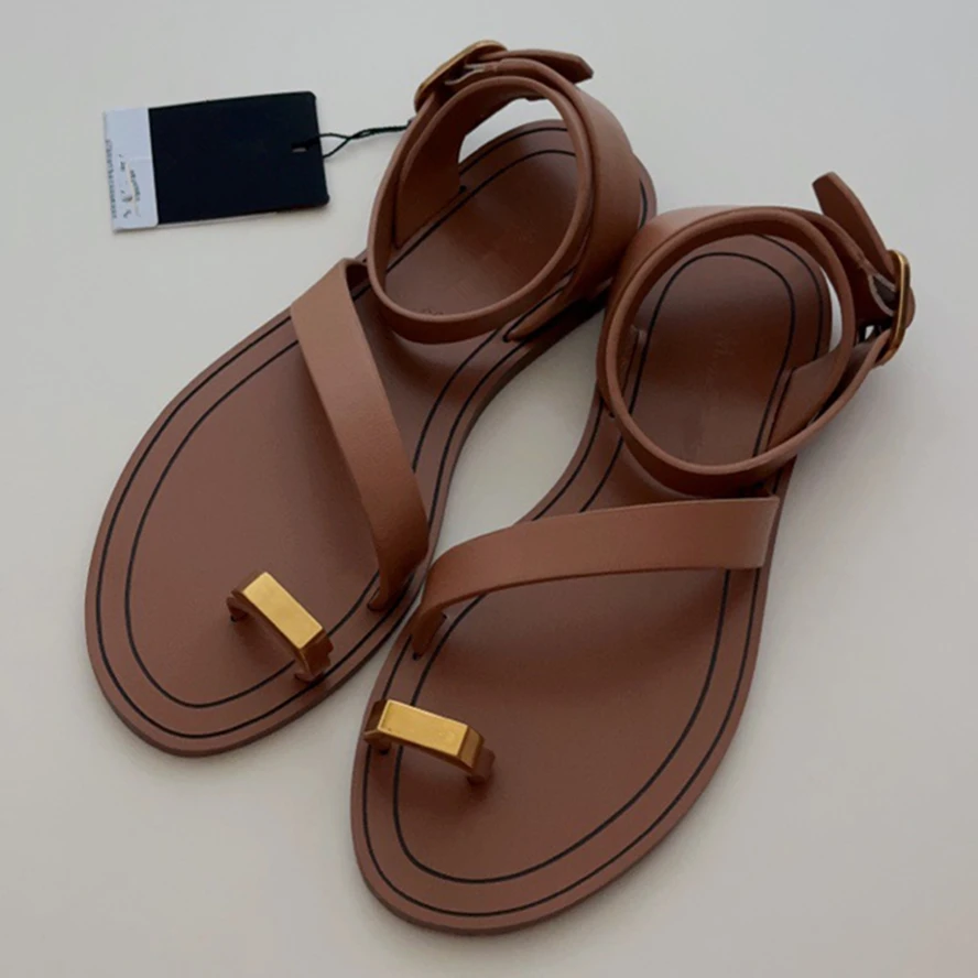 

Jenny&Dave Retro Roman Leather For Women Leather Strap Flat Sandals French Fashion Blogger Metal Buckle Pinch Sandals