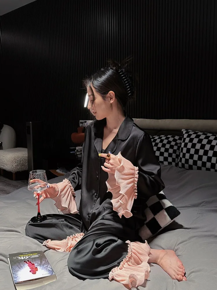 

Silk Sleepwear Women Pajama Sets Flared Long Sleeve Cardigan Pants Homewear Ruffles Luxury Design High-end Nightwear Two-piece