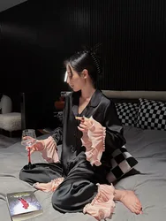 Silk Sleepwear Women Pajama Sets Flared Long Sleeve Cardigan Pants Homewear Ruffles Luxury Design High-end Nightwear Two-piece