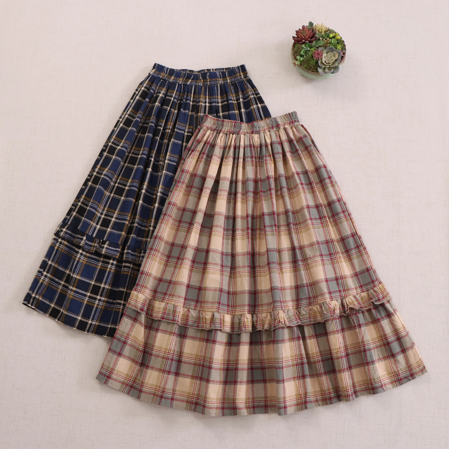 

Japanese Sweet Mori Girl Vintage Plaid Cotton Skirts Women Summer Preppy Style High Elastic Waist Casual Loose A-Line Skirts