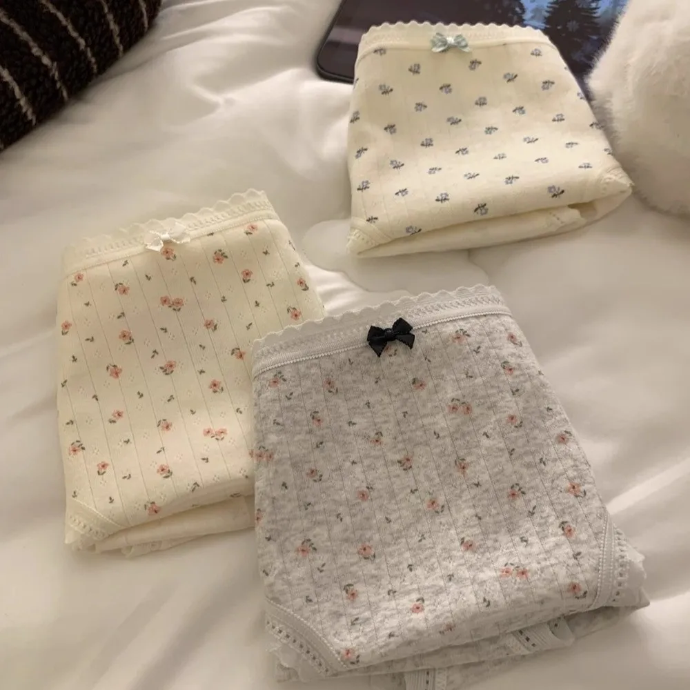 

Fashion Mid-waist Underwear for Women Bow Grid Sweet Floral Panties Underpants Bear Cotton Briefs Female