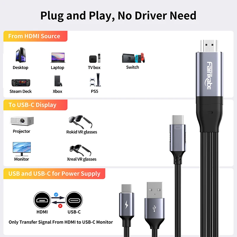 Fairikabe HDMI to USB C Adaptor Cable 8.2FT 4K60Hz For Xbox PS5 Steam Deck Dock Nreal Xreal Xreal Beam Rayneo Touchable Monitor