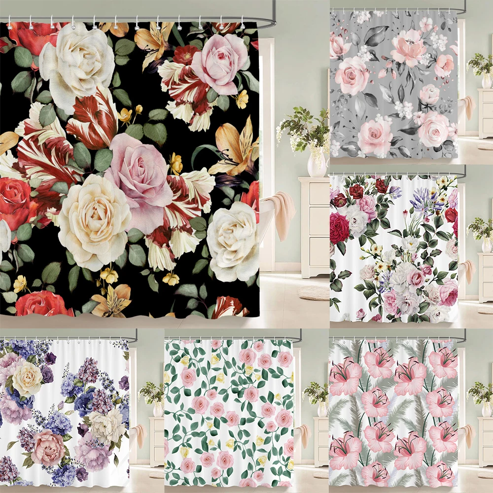 

Elegant Floral Flowers Shower Curtain Retro Rose Shower Curtain Polyester Bath Curtain Bathroom Decor Curtain Washable With Hook