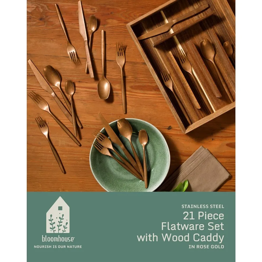 20 قطعة من أدوات المائدة المصنوعة من الحجر المغسول باللون الذهبي الوردي 18 10 مجموعة أدوات المائدة الفضية المصنوعة من الفولاذ المقاوم للصدأ مع خدمة علبة خشب السنط fo #2