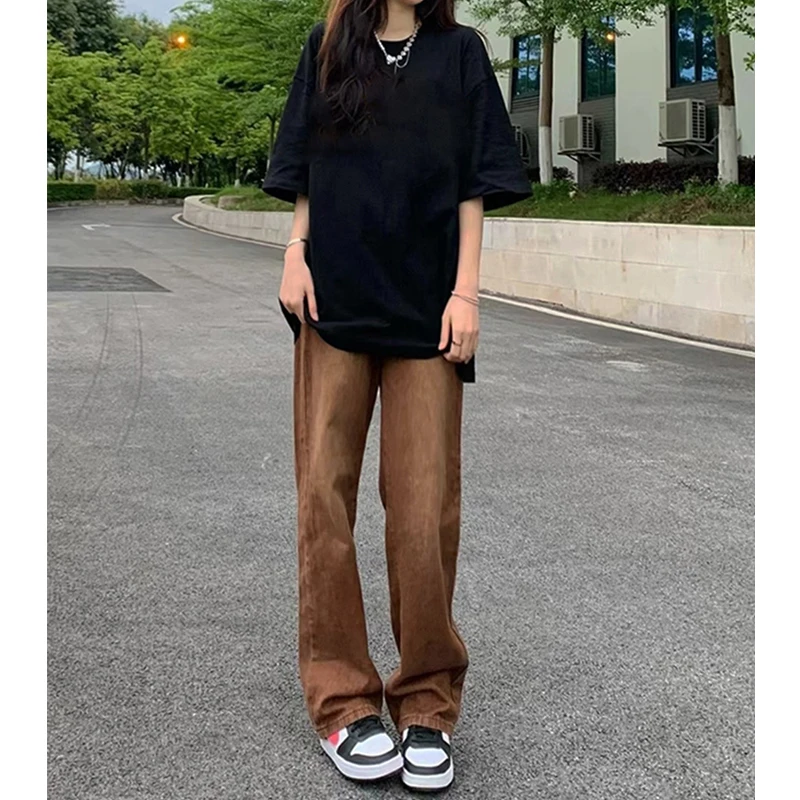 

Широкие джинсы с высокой талией в стиле ретро в американском стиле хип-хоп, женские осенние модные прямые брюки High Street, устойчивые к глубоким цвет...