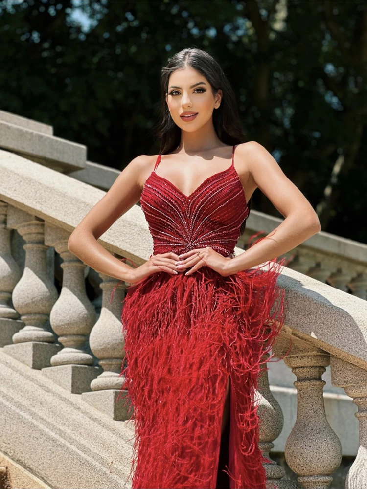 Spaghetti Strap Mermaid Evening Dress Luxury Feather Beading Deep V Neck Burgundy Shining Beading Formal Prom Gowns Long