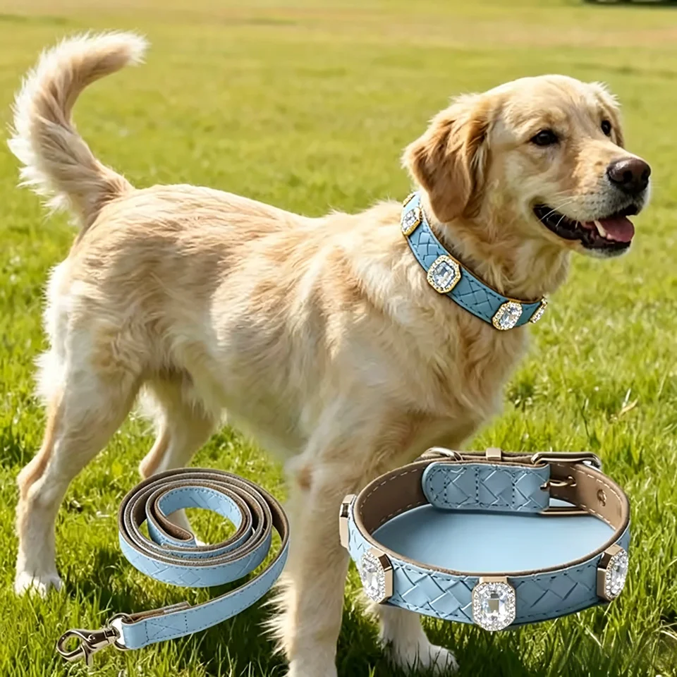 Luxury Clear Crystal Rhinestone Woven PU Leather Puppy Collar Set Adjustable Metal Buckle Small Dog Cat Walking Gear Leash view 4
