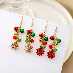 Christmas red and green matching flower earrings Creative simple color bells tassel earrings Christmas carnival earrings