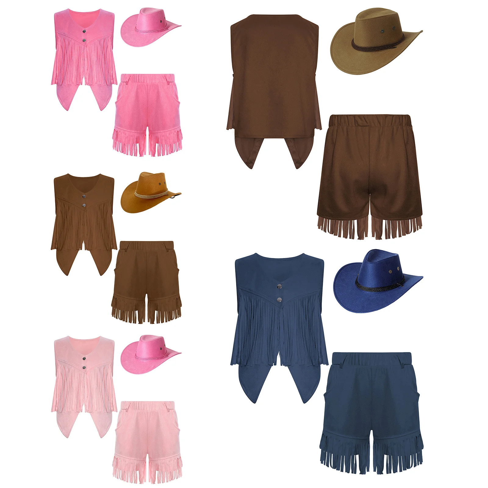 Kids Western Cowgirl Cowboy Cosplay Outfits Set Unisex Sleeveless Fringe Vest and Shorts with Hat Suit for Carnival Halloween view 6