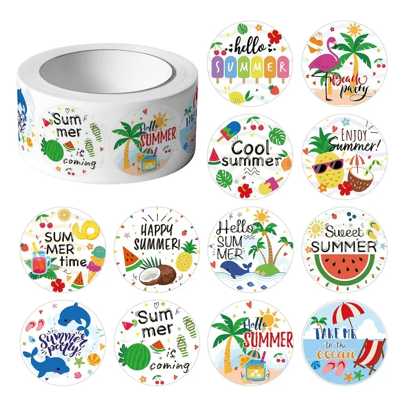 1 Roll of Summer Cool Beach Holiday Pattern Stickers DlY Clip Tags Gift Sealing Stickers Luggage Diary Water Cup Phone Case