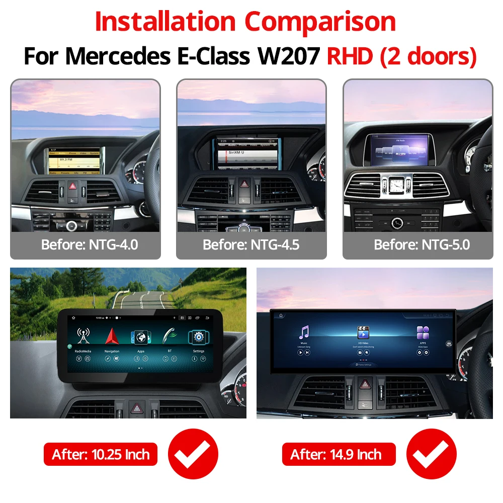 NAVIGUIDE 10.25'' 14.9'' 8+128G For Mercedes E Class W207 RHD 2009-2018 Carplay Auto Car Multimedia Player GPS Android Headunit