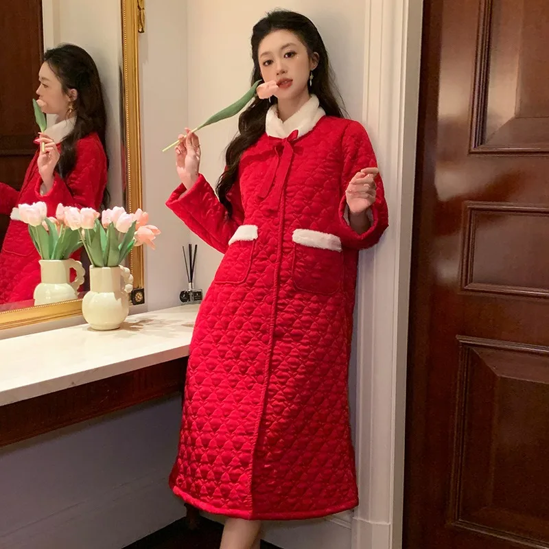 Sxthaenoo Damenmode warmes Nachthemd Satin lose Nachthemd lange Robe Winter verdickte Stehkragen Langarm Nachtwäsche