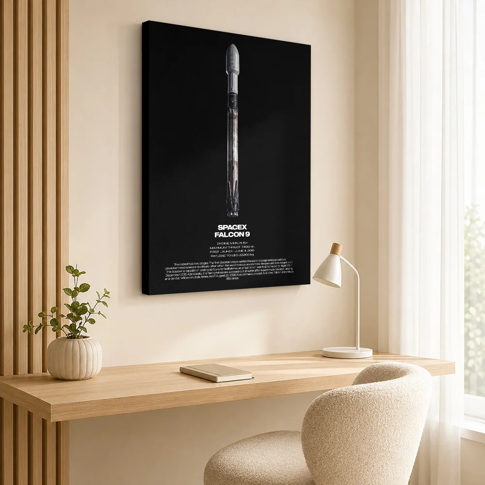 SpaceX Falcon 9 Rocket Wood Framed Canvas Print Personalized Photo Technical Reference Illustration Wall Art For Home Office
