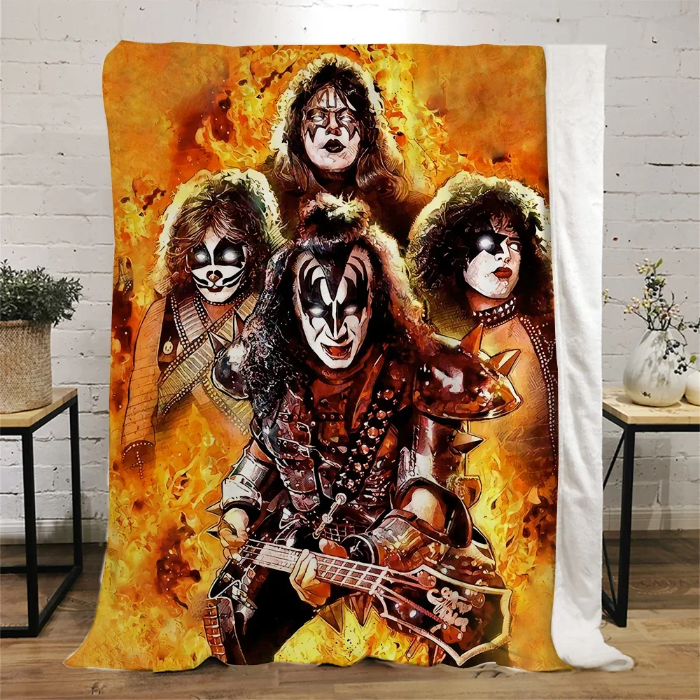 

HX Kiss Flannel Blankets Funny 3D Graphic Rock Metal Band Concert Blanket Portable Keep Warm Plush Quilts Birthday Gifts