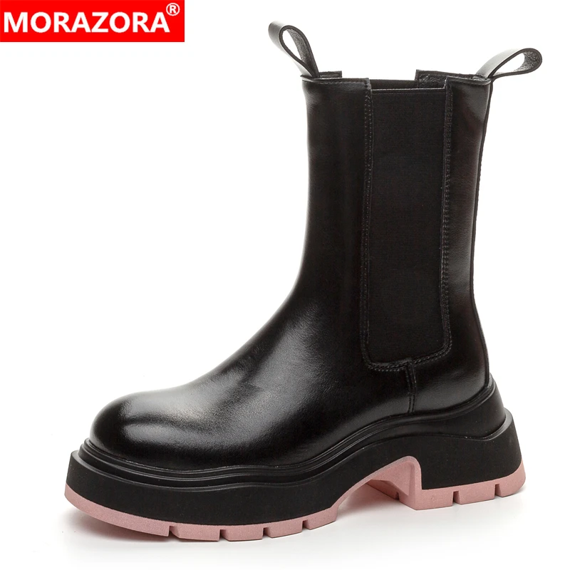 

MORAZORA/2026, новые ботинки челси из спилка, женские осенне-зимние ботильоны на платформе, модная женская обувь с круглым носком