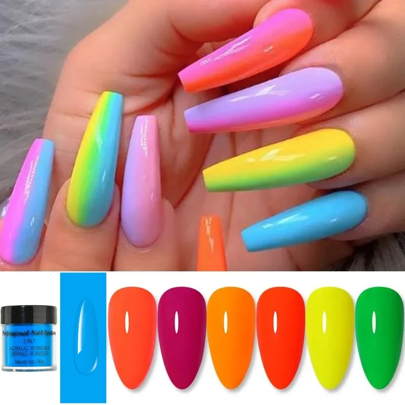 30G/butelka neonowa pyłek do paznokci akrylowych polimerowa Dip/przedłużacz/budowniczy/rzeźba 3D Super jasny 12-kolorowy tęczowy Pigment do Manicure