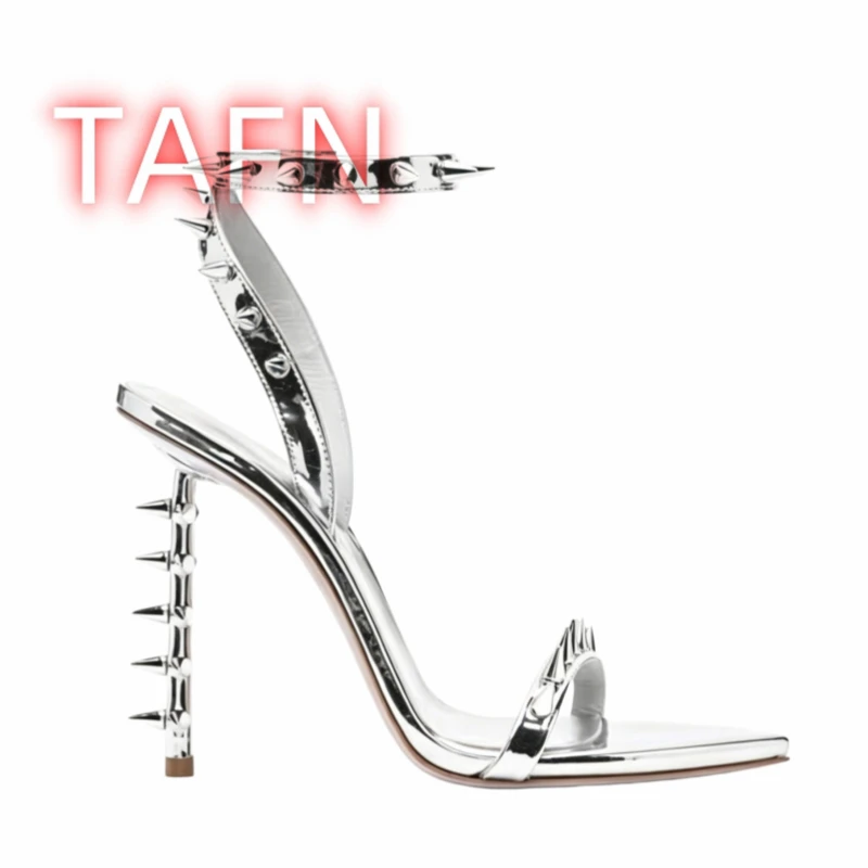 

Women's Spiked Gold Heeled Sandals, Open Toe Ankle Strap Stiletto Heels Sandals, Metallic Punk Rock Style Rivets High Heels
