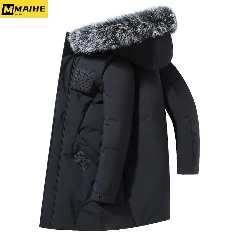 Light Luxury Winter Men's Down Jacket Long Youth White Duck Down Warm Casual Coat Men's Outdoor Snow Cold-proof Fur Collar Parka