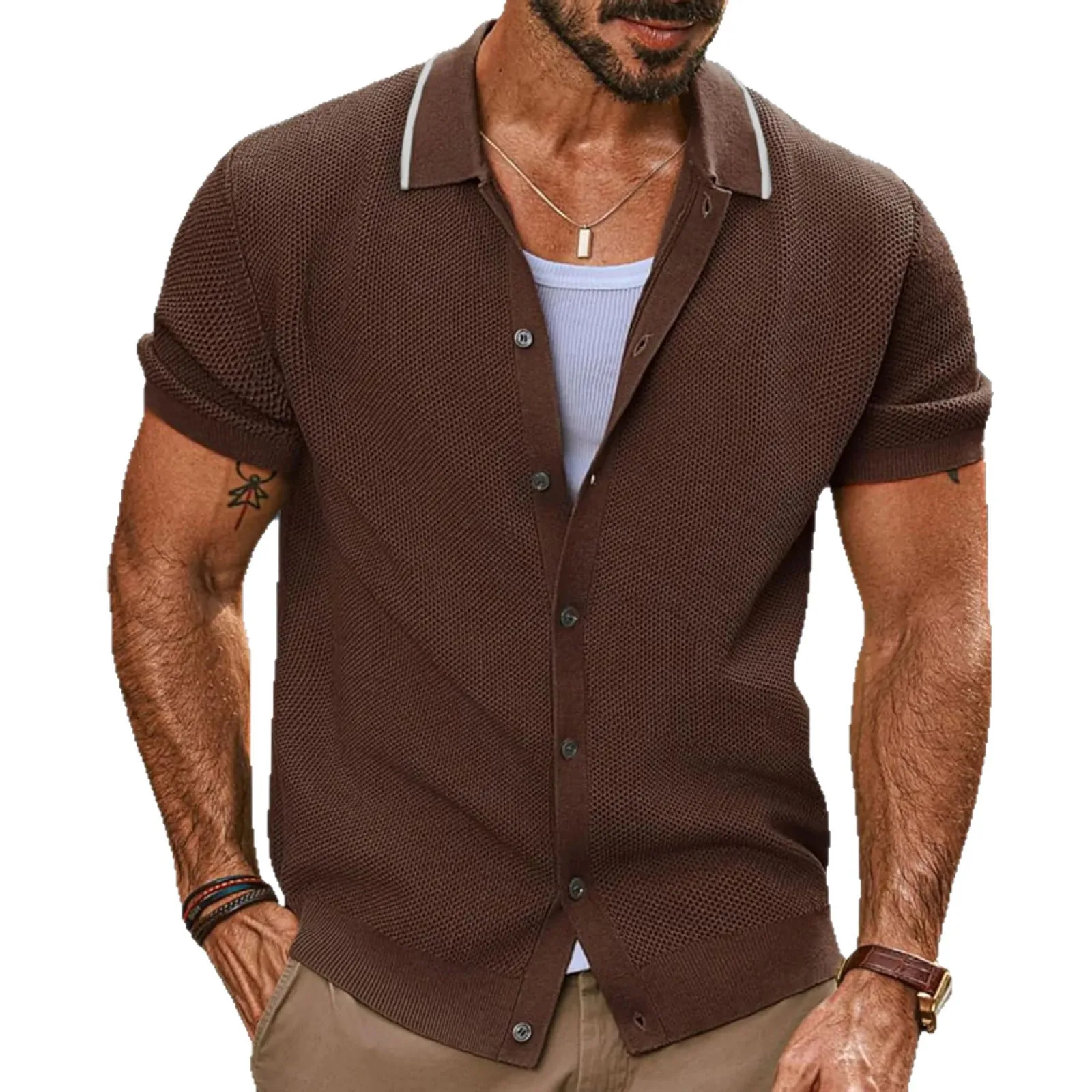 

Men's Luxury and Comfortable Summer New Short Sleeve Ice Cool Silk Knitted Shirt Light Luxury Fashion Business Cardigan Coat Top