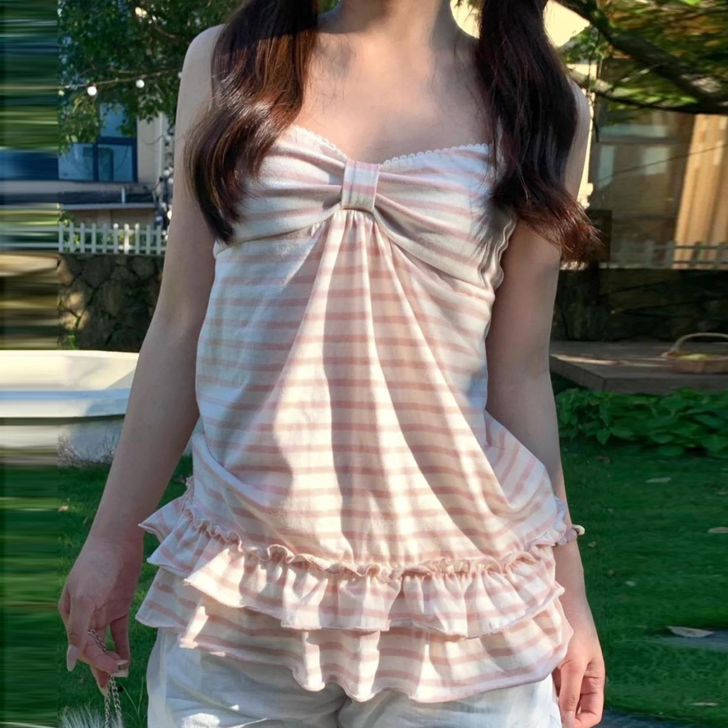 SUCHCUTE Süßes gestreiftes A-Linien-Rüschen-Tanktop Y2k Lässiges schmales ärmelloses Camisole Sommer Streetwear Camisole Grunge Weste Damen Neu
