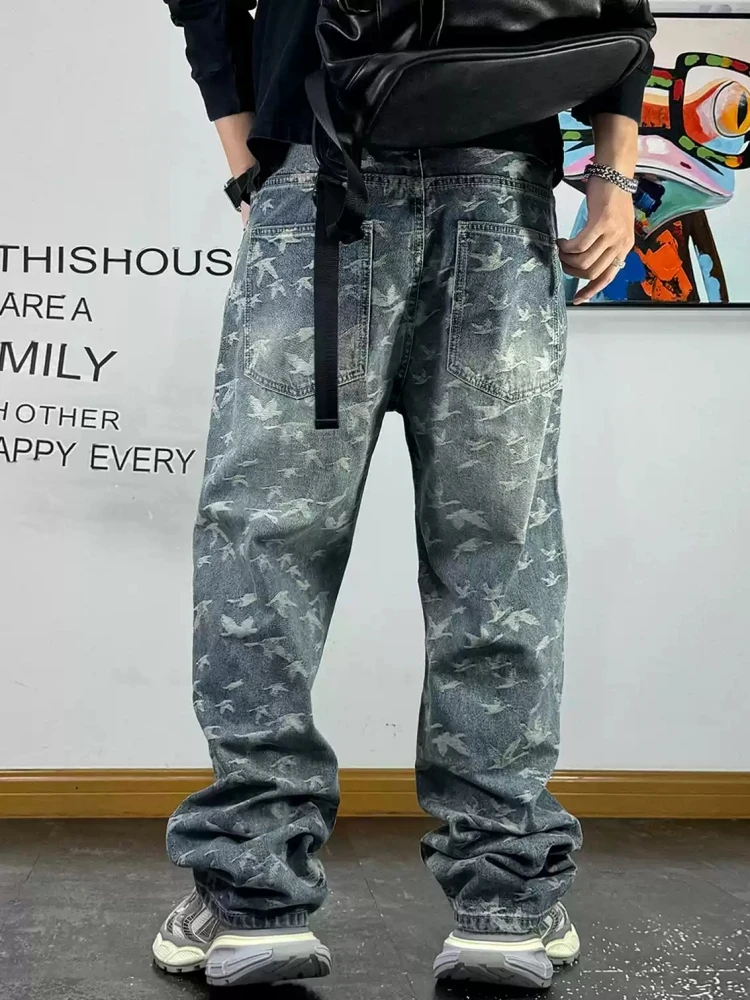 Korean Fashion Jacquard Baggy Jeans For Men Streetwear Loose Men Clothing Denim Skateboard Pants Harajuku Straight-Leg Trousers