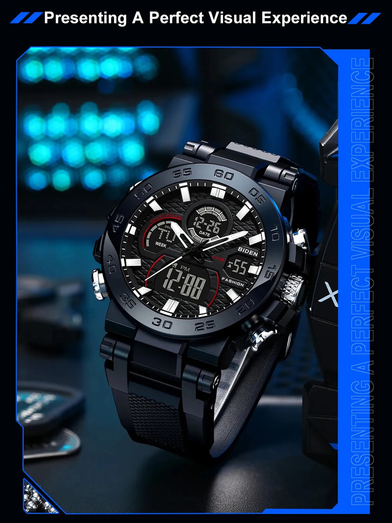 

BIDEN Men's Watch Men's Dual Display Night Light Military Sports Watch Waterproof Clock Alarm Clock Timing Watch