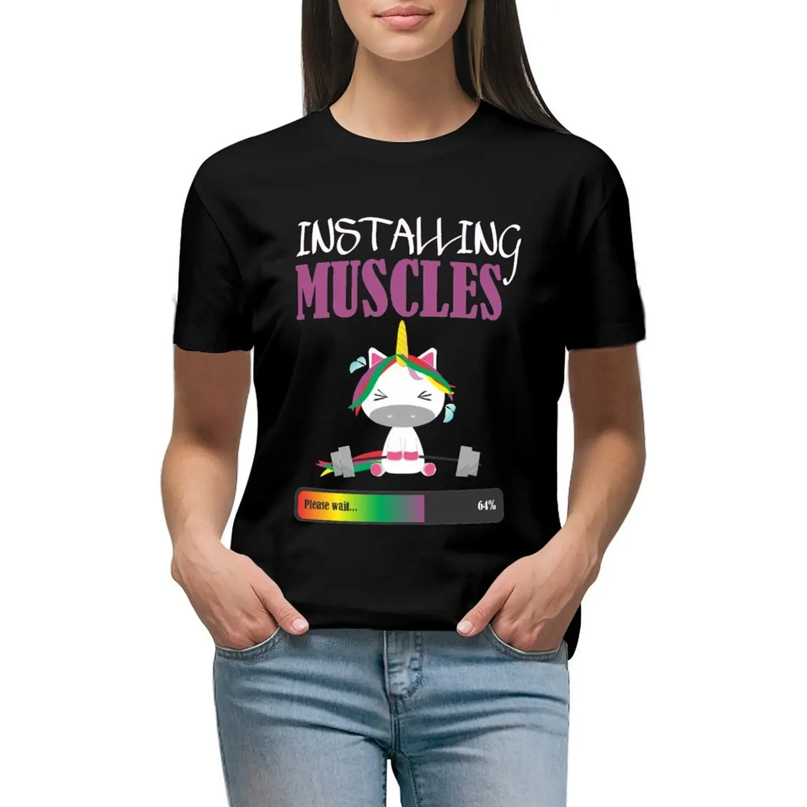 Installing Muscles - Funny unicorn gym T-Shirt animal prinfor hippie clothes plus size tops customizeds Women tops