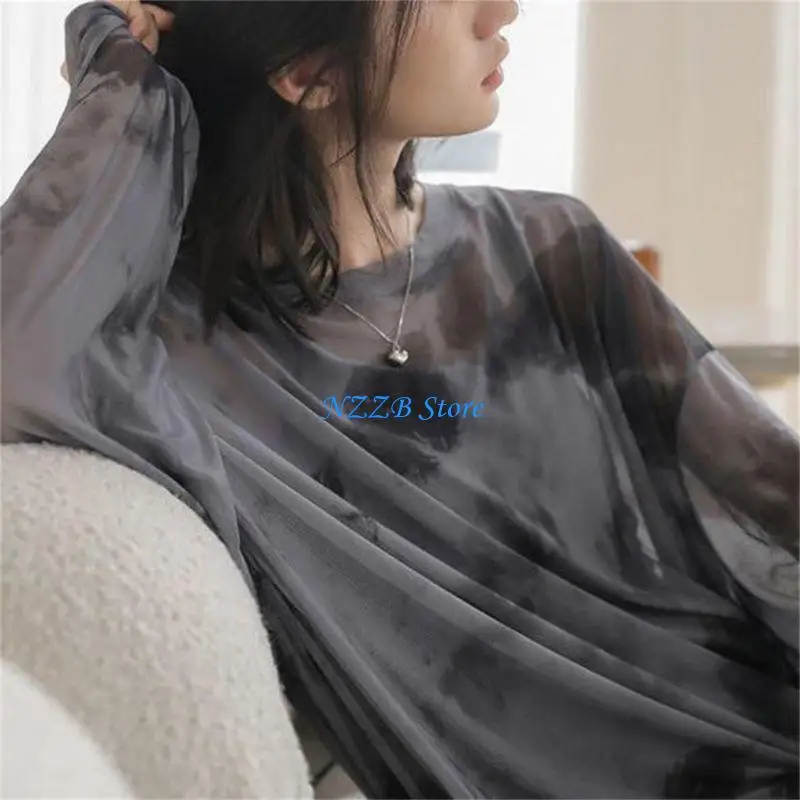 

T21F Tie Dye Sheer Mesh Long Sleeve T-Shirt for Women Oversized Grunge Blouse Top