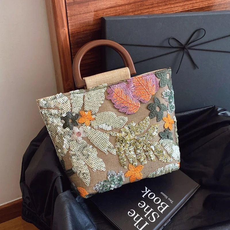 Straw Woven Beach Bag with Embroidered Flower Sequins