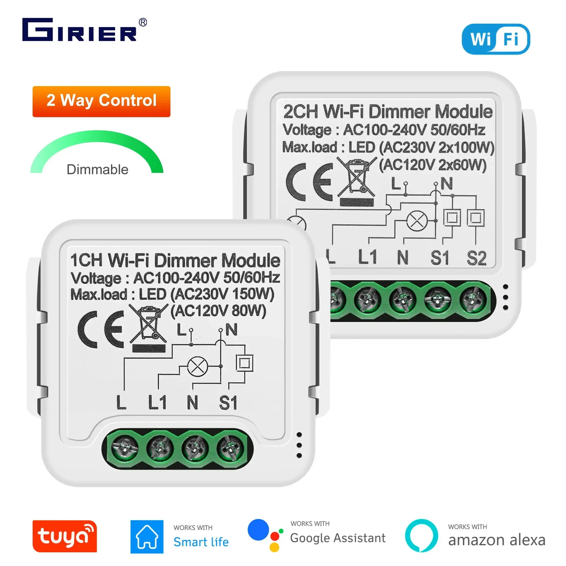 GIRIER WiFi Smart Dimmer Switch Module 10A Dimmable Light Switch Supports 2 Way Control Works with Alexa Google Home Assistant