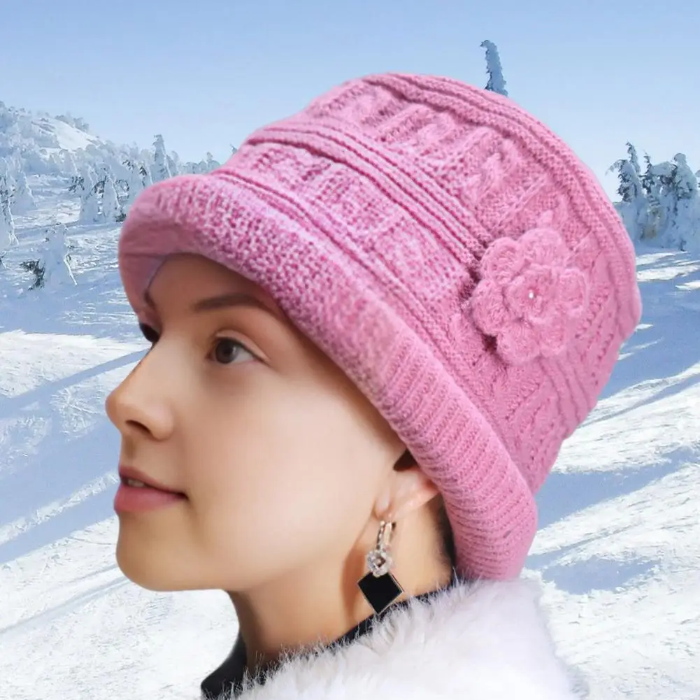 

Polyester Fiber Hat Cozy Winter Knitted Hat with Flower Crochet Detail for Elderly Women Stylish Fisherman Hat for Outdoor