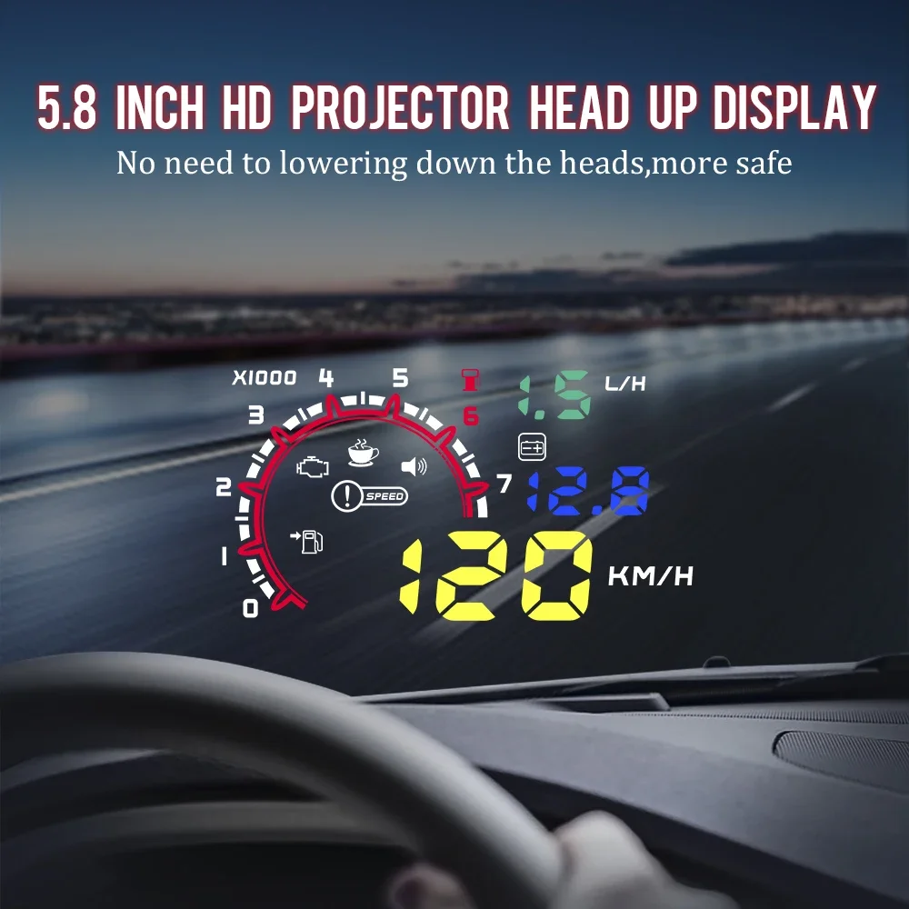 5.8inch HD Projector Head Up Display W02 Car OBD HUD Acceleration Fuel Consumption Temperature Voltage Sound Switch Speed Alarm