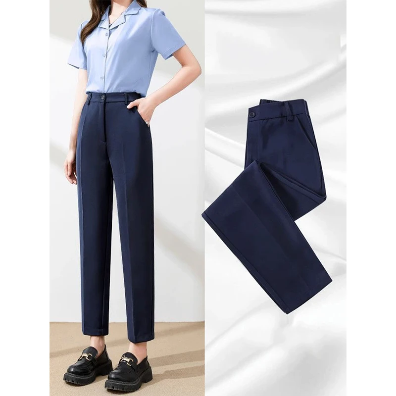 

Spring Summer Office Lady Navy Blue Suit Pants Solid Elastic Waist Women Korean Fashion Casual High Waist Slim Straight Trousers