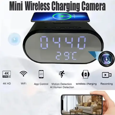 5 in 1 WiFi 카메라 무선 충전기 온도 표시 4K HD 알람 시계 캠 미니 보안 카메라 동작 감지 원격 보기
