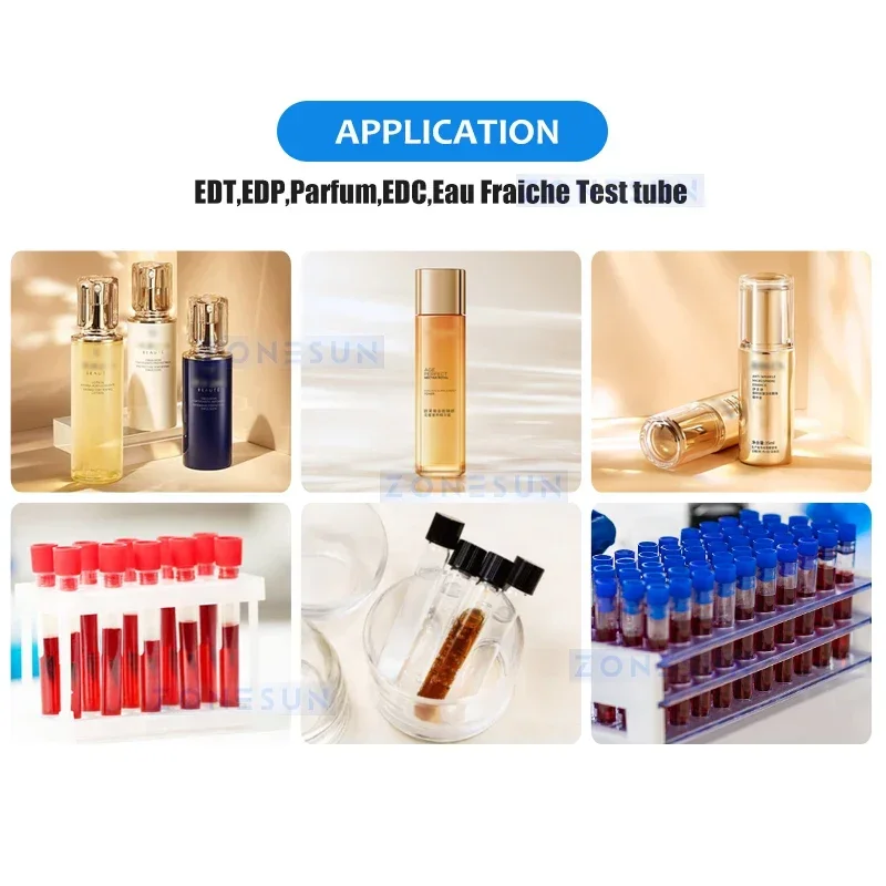 ZONESUN 2400bph Automatic Rotary Perfume Bottle Filler Capping Machine Ceramic Pump Small Volume Glass Vial EDP Line ZS-AFC17