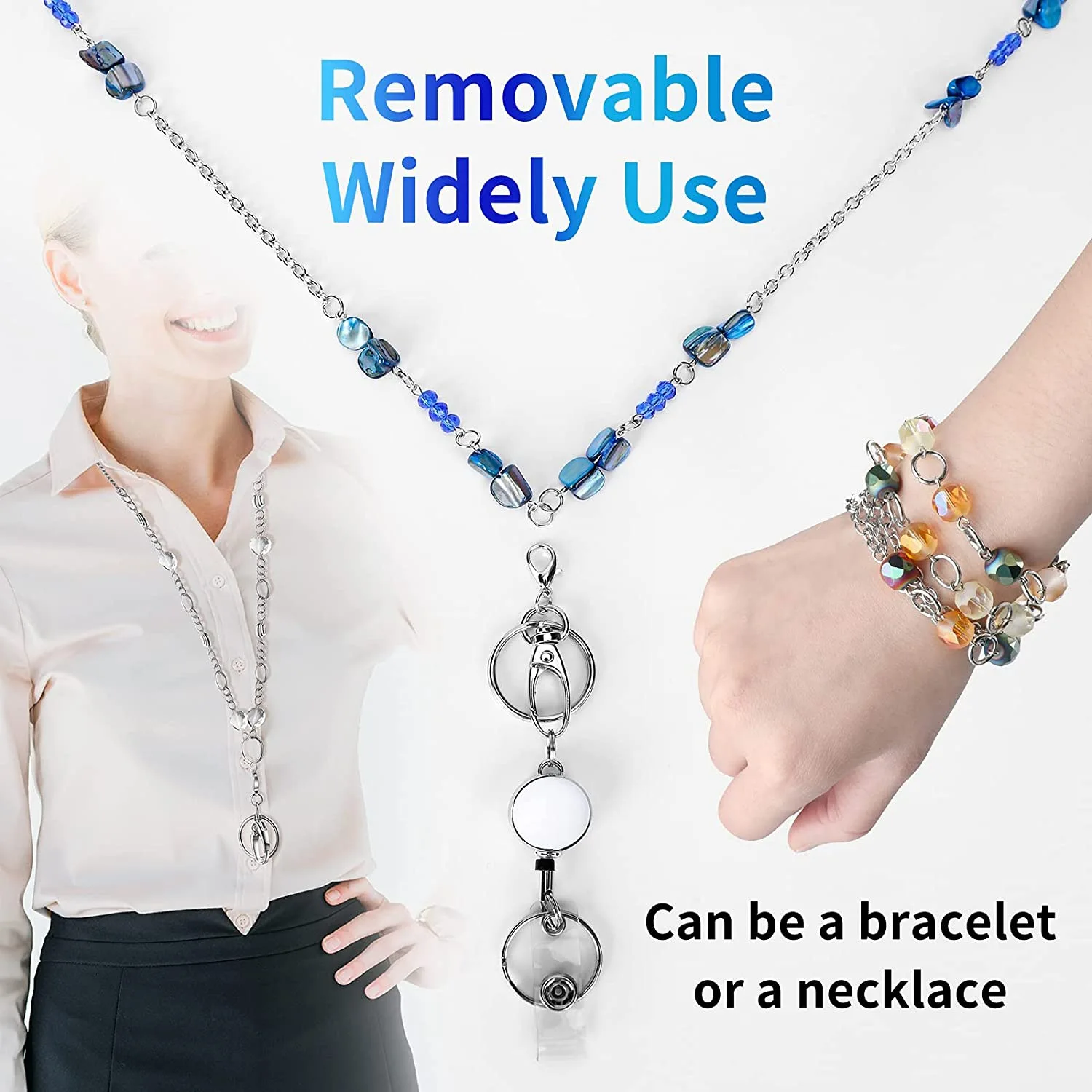 3 Pcs Retractable Badge Reels Lanyard with Name Card ID Holder for Beaded Badge Lanyard Necklace