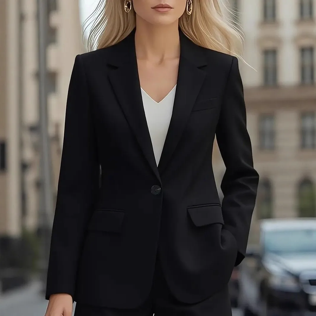 Long Sleeve V Neck Coat High Waist Elegant Professional Women Jacket with Patchwork Regular Sleeve Autumn Office Style Suit