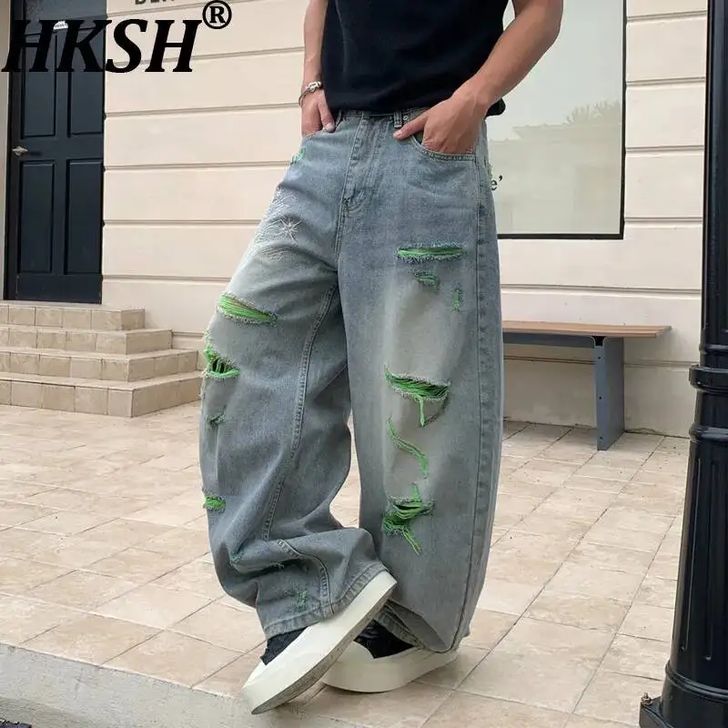 HKSH Spring Autumn New Men Tide Punk Vintage Ripped Wide-Leg Jeans Washed Embroidery Floor-Length Niche Denim Pants Y2K HK26065