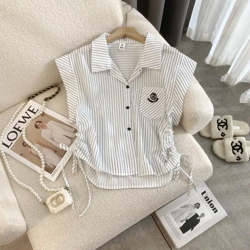 Summer New Preppy Style Short Blouse Polo Neck Drawstring Lacing Striped Youth Sweet Shirt Tops Fashion Casual Women Clothing