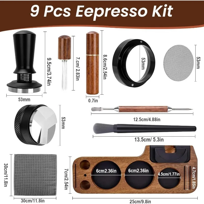 9-Piece Espresso Tamper Set - 51/53/58mm Universal Kit with WDT Tool & Dosing Funnel, Wooden Storage Station Coffee Accessories